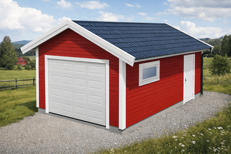 Enkelgarasje 3,6 x 6,0 meter med 22 graders saltak, ferdige elementer