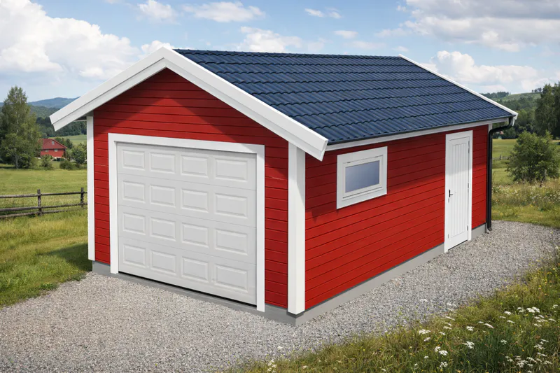 Enkelgarasje 3,6 x 6,0 meter med 22 graders saltak, ferdige elementer